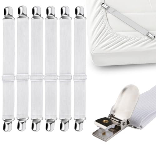 SIVZUMO 6 Pcs Sujetadores para Sábanas, Sujetadores de Hojas Ajustable Tensor de Sábanas Elásticas Blanco Sujeta Sabanas Bajeras Pinzas para Colchones Fundas de Sofá