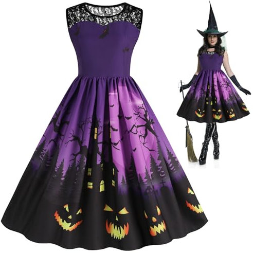 Halloween Robes Femmes Violet Costume d'Halloween Cosplay Robes de Cocktail Jupe Citrouille Sans Manches Adultes Fête Costume de Carnaval Noir Tête de Chauve-Souris Citrouille Maison Motif Design