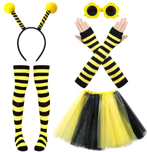 Camptrip 5 Stück Bienenkostüm Erwachsene mit Bienenstirnband Tüllrock Gestreifte Socken Lange Handschuhe Bienenbrille Bienenkostüm Damen für Halloween Kleid Cosplay Party