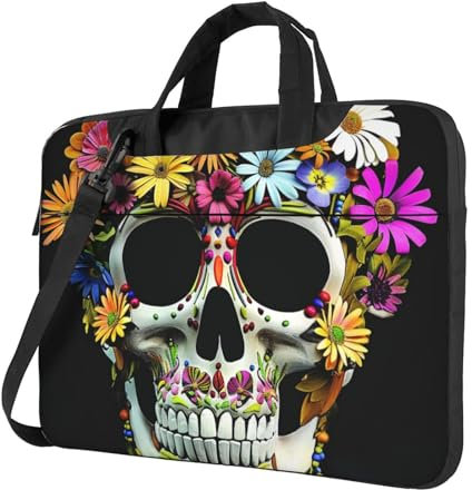 Laptoptasche mit Totenkopf-Druck, ultradünn, stoßfest, mit Schultergurt und Griff, Schwarz , 14 inch