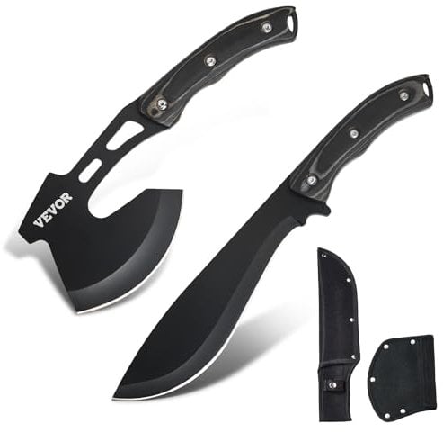 VEVOR Juego Combinado de Cuchillo de Caza y Hacha con Funda, Cuchillo de Hoja Fija y Hacha de Acampada, Cuchillo de Supervivencia de Acero Inoxidable y Hacha de Acampada para Caza, Acampada