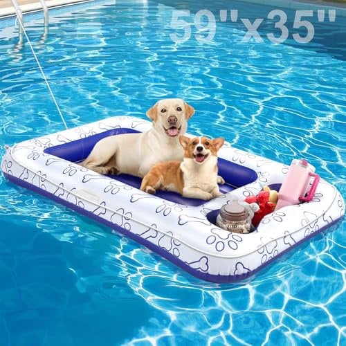 Pawaboo Flotador de Piscina para Perros, Flotador de Piscina Inflable para Mascotas para Perros Medianos y Grandes de hasta 220 Lbs, Balsa para Perros con Asas Dobles Área para Bocadillos, Azul