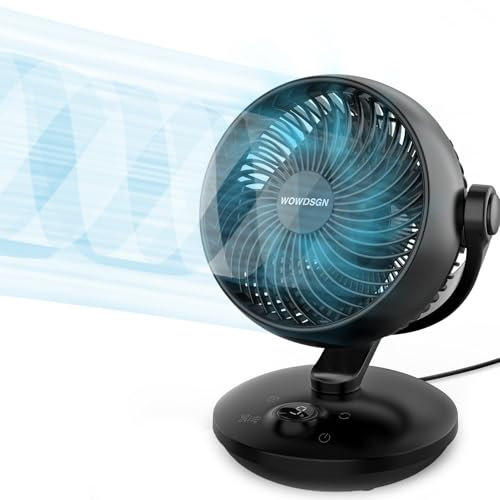 WOWDSGN Ventilador silencioso de 22 dB, con 6 niveles y pantalla, temporizador de 9 horas, potente circulación de aire turbo 3D, oscilación de 100° y 80°, ventilador de mesa para dormitorio, salón