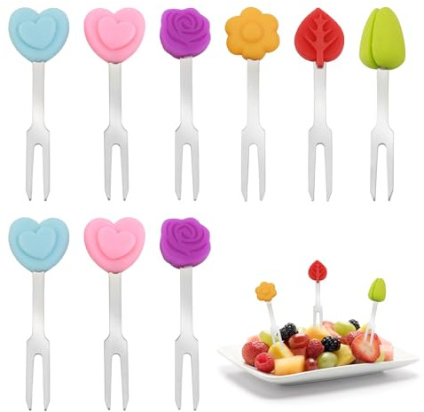 Tenedores de frutas de acero inoxidable, mini palillos de dientes reutilizables decoración delstahl Piekser con decoración de silicona, Picks Food Picks Fácil de limpiar Palillos de dientes de colores