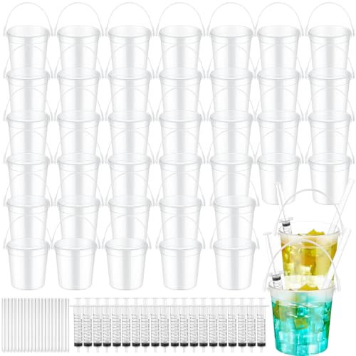 40 Set 32oz Clear Plastic Rum Buckets for Drink 10ml Halloween Jelly Syringes Drink Buckets with Straws for Parties Rum Wine Beer Cocktail Beverage Party Halloween, Christmas, &(Frosted)