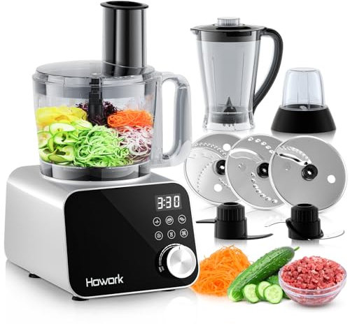 Howork robot de cuisine 1500W,Grande Capacité Robot Multifonction Cuisine, Pour Déchiqueter, Trancher,Hacher, Moudre, Faire des Smoothies, Hacher, Farcir et Faire de la Pâte, Acier Inoxydable Argenté