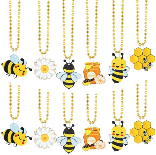 Quelay 24 Packs Bee Necklace Bead Flower Honey Pots Mardi Gras Beads for Bee Party Favors Bee Decorations