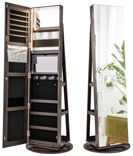 COSTWAY Armoire à Bijoux Pivotante à 360°, Rangement Bijoux Design 3 en 1 avec Miroir Pleine Longueur et Lumières LED 3 Couleurs, Organisateur de Bijoux Style Nordique (Café,Style 1)