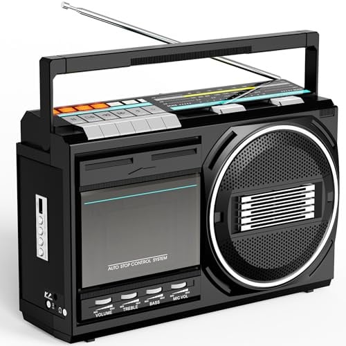 Kuephom Reproductor de casete con Bluetooth: radio retro Boombox FM/AM/SW - Cinta tipo I/II y convertidor USB - Caja portátil con conector para auriculares y micrófono integrado - Amplificador de