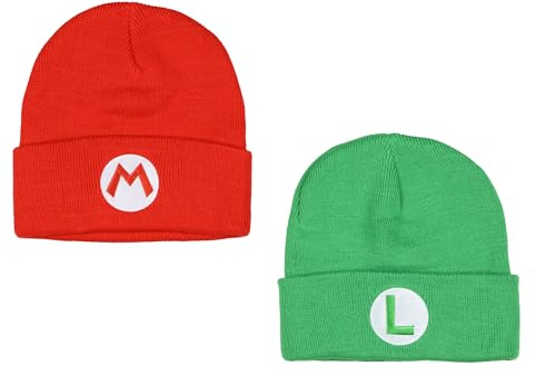 Nintendo Beanie | Super Mario Bros. Mario und Luigi bestickter Aufnäher, 2er-Pack, Strickmütze mit Bündchen, kaltes Wetter, Beanie-Set für Damen und Herren, mehrfarbig, Mehrfarbig, Einheitsgröße