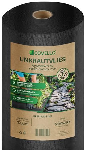 Covello Unkrautvlies 50m² Premium Line - Unkrautfolie wasserdurchlässig - Unkrautvlies für Garten - Gartenvlies gegen Unkraut hohe UV-Stabilisierung (50m x 1m) - reißfestes Unkrautvlies 50g/m²