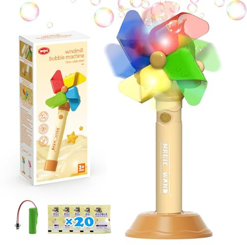 Babuloo Electric Windmill Bubble Wand for Kids, Automatic Bubble Machine Blower 5000+ Bubbles with 20 Bags Solution/Rechargeable Battery, Light Up Bubble Wand Toys for Outdoor Wedding Party