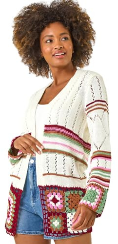 Roman Originals Edge Crochet Detail Knit Cardigan for Women UK - Ladies Everyday Holiday Spring Summer Comfy Soft Evening Vacation Work Party - Ivory - Size 18
