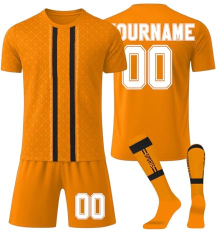 LILIHOT Personalisiert Fußballtrikot Kinder Erwachsene Fusstball Shorts Socks&Trikots 3 Teiliges Set,mit Namen Teamname Nummer Logo Atmungsaktiv Sport Tshirt Trainingsanzug Fantrikot(#A Orange)