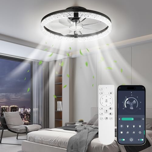 Ceiling Fans with Lights and Remote, 46 cm Modern Smart Ceiling Fan, 6 Speeds and 3000K-6500K Dimmable LED Fan Light, Low Profile Ceiling Fan for Bedroom, Living Room, Dining Room, Black