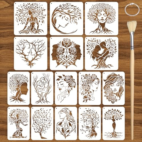 TWINKLEMON 16 Stück Lebensbaum-Schablonen zum Malen, Schablonen mit Charakterbaum für Handwerk, wiederverwendbar, Schablone für Wandkunst mit Bürste zum Basteln, Möbel, Malerei, Stoff, Leinwand