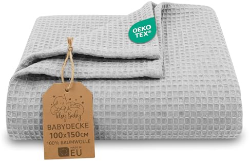 Waffeldecke Baby Ganzjahresdecke Babydecke 100x150 cm - Kinder Baumwoll Waffelpiqué atmungsaktiv leichte Übergangsdecke Decke – Kinderwagendecke Tagesdecke Neugeborene Oeko-Tex Grau