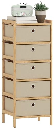HOMCOM Chest of Drawers with Bamboo Frame, 5 Fabric Drawers, Cream White | Dresser, Narrow Storage Unit, for Small Spaces, Bedroom, Living Room, Hallway