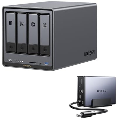 UGREEN DXP4800 Plus 4-Bay NAS + 120W UPS Bundle, Intel Pentium Gold 8505 8GB DDR5 10GbE 2.5GbE 128G SSD 2*M.2 NVMe Slots 4K HDMI Desktop NAS (Diskless) & 12000mAh Uninterruptible Power Supply