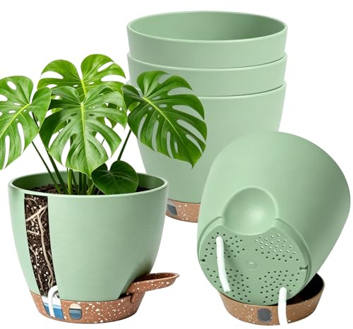 Anhow 5 Pcs Pots de Fleurs en Plastique Auto-arrosant 15cm - Vert | Jardiniere Auto-arrosant Pots à Fleurs pour Interieur, Exterieur, Balcon/ Lot de 5