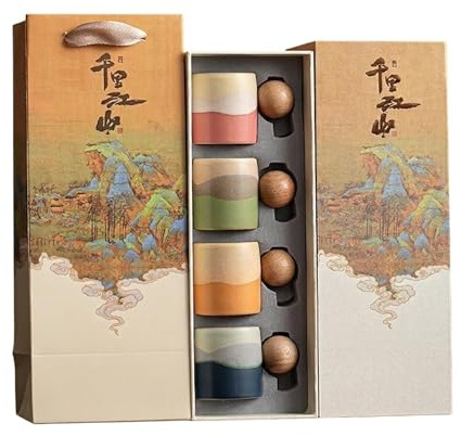 Wanyidaxing 2.9 oz Ceramic Espresso Shot Cups Set of 4, Small Coffee Mug with Wood Handle, Small Gradient Demitasse Espresso Cups, Ceramic Tea Mug Gift Box Packaging (Straight Handle) (Round Handle)