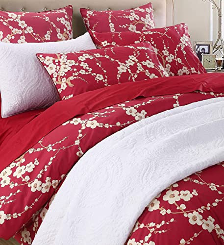 Brandream Parure de lit King Size avec Housse de Couette et taies d'oreiller en Satin de Coton égyptien 800 Fils Motif Fleurs Rouges et Branches de Cerisier