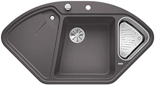 BLANCO DELTA II-F | Granitspüle aus SILGRANIT felsgrau | [104,2x56x19,5 cm] | für 80 cm breite Unterschränke | Ergonomische Anordnung | Eckspüle | Hauptbecken links