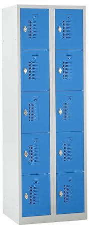 QUIPO eurokraft | Basic | 5er-Schließfachschrank | 2 Abteile | lichtgrau/lichtblau | B 600 mm | 10 Fächer | Drehriegel