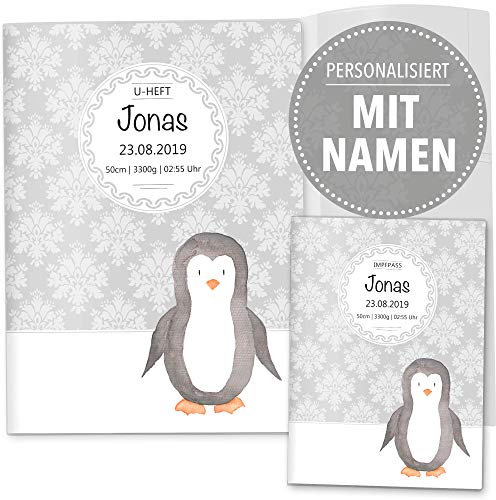 OLGS U-Heft und Impfpasshüllen 3-teiliges Set | Black & White Pinguin | Hüllen für den Untersuchungsheft und Impfpass mit Namen und Geburtsdatum (Uhefthülle, Impfpasshülle, personalisiert, Pinguin)
