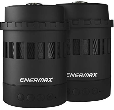 Enermax Pharoslite NOIR, 2 enceintes Bluetooth sans fil, haut-parleur stéréo HD, LED, basses puissantes, Micro SD, lampe de poche SOS, veilleuse, boussole, tasse, 6 modes RGB, batterie 6h, P 10m