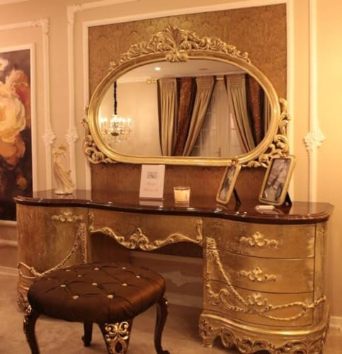 Casa Padrino Luxus Barock Schlafzimmer Set Braun/Gold - 1 Schminkkommode & 1 Spiegel & 1 Hocker mit Glitzersteinen - Prunkvolle Schlafzimmer Möbel im Barockstil - Luxus Qualität
