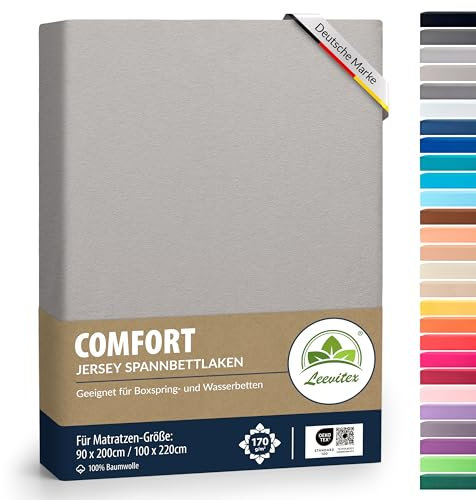 leevitex® Premium Spannbettlaken 90x200-100x220 cm - 40 cm Steg - auch für Boxspringbett & Wasserbett | 100% Mako-Jersey-Baumwolle | ÖKO-TEX | 170g/m² | Silber/Hellgrau