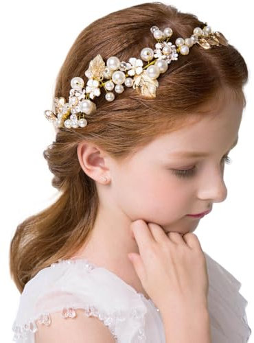 IYOU Prinzessin Braut Kopfschmuck Perlen Haar Kleid Tiara Blätter Heilige Kommunion Haar Rebe für Blumenmädchen und Brautjungfer