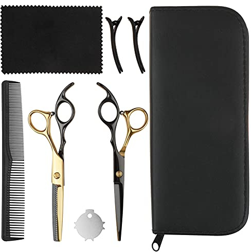Haarschneideschere Friseurschere Professionelle Haarschere Set Flacher Schnitt Zahnschere Ausdünnung des Pony Schere Satz Rostfreier Stahl mit Haarnadelkamm