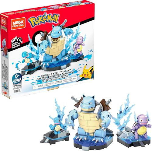 Mega HDH93 Construx Pokemon 3 Figurines Évolutions de Carapuce à Construire, Jeu de Briques de Construction, 379 Pièces, pour Enfant Dès 8 Ans, Multicolore Exclusivité sur Amazon