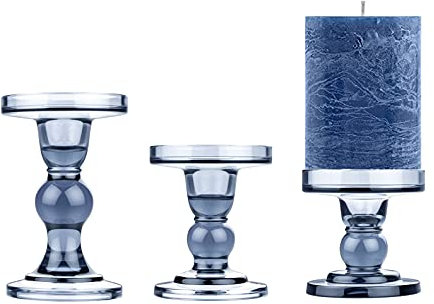 KiaoTime - Set di 3 portacandele in vetro a colonna con candelabro e candelabri, con cristallo blu, per casa, camino, tavolo, bagno, decorazione matrimonio