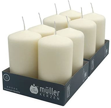 Müller Stumpenkerzen - Creme/Elfenbein - 8 Stück - Ø 48 · 90 cm - Brenndauer 16 Stunden - Ohne Duft - Deko, Kerzen für Haushalt, Feiern und Gastronomie