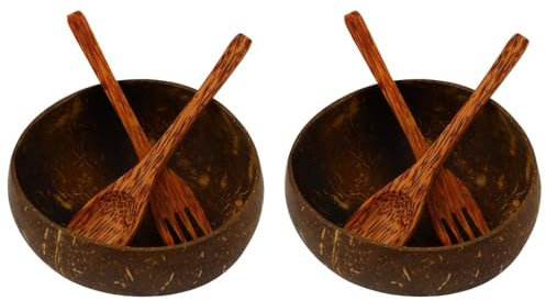 Kadum Kokosnussschale mit Besteck 2er Set | Joghurtbecher Snackschale aus Kokosnuss | Kleine Servierschale Ø 14,5 cm Cocos | Schüssel Löffel Gabel aus Olivenholz | 100% Naturprodukt