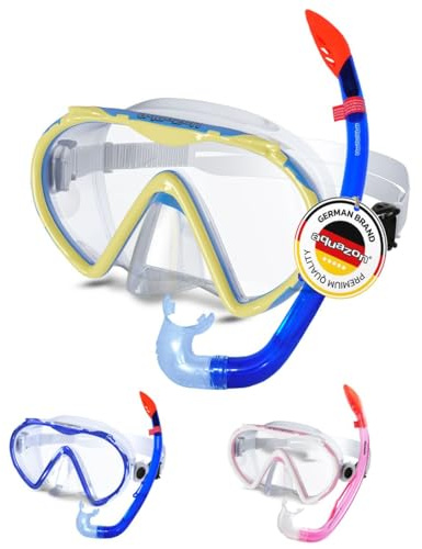 AQUAZON Korfu Hochwertiges Schnorchelset, Tauchset, Schwimmset, Schnorchelbrille mit Tempered Glas, Schnorchel mit semi Dry top für Kinder, Jugendliche Von 7-12 Jahren