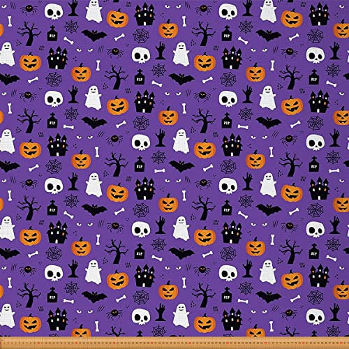 Halloween Stoff Meterware Geister Kürbis Polsterstoff Zuckerschädel Dekostoff Spinnennetz Schloss Drinnen Draußen Stoff Gothic Fledermausknochen DIY Kunst Wasserdichter Stoff Lila Schwarz 184x150(HxB)