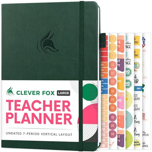 Clever Fox Lehrerplaner, Schuljahresplaner mit Kalendern und Unterrichtsplänen, Lehrerplan-Buch für Klassenzimmer und Heimschule, undatiert, 18 x 25 cm, Hardcover (Dunkelgrün)