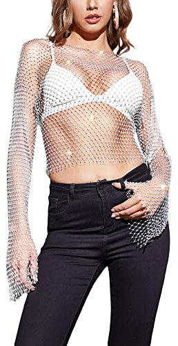 Felcia Women's Sexy Mesh Tops Solid Color Rhinestones Round Neck Long Sleeve See-Through Hollow Out Tops for Club Party (A-White, XS)