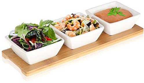 Robin Goods® 4-teiliges Keramik-Schalen Set mit Bambusbrett - Snackschälchen auf Servierbrett fürs Frühstücksbuffet - Diptablett - Dessertschalen aus Porzellan (4-TLG. - Schalen mit Brett)