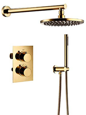 SUNESA Duschsystem, Duscharmatur aus massivem Messing, Umschaltventil, Duschsystem-Set, runder Duschkopf, Badezimmer-Wand-Duscharmaturen, goldenes Luxus-Duschset, 8 Zoll (12 Zoll)