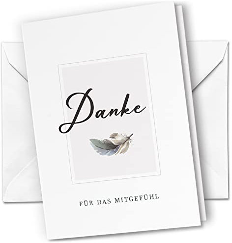Danksagungskarten Trauer – 10 Klappkarten mit Umschlägen – Motiv: Feder Edel Schlicht – Trauerkarten Danksagung mit Text – Dankeskarten Trauer nach Beerdigung