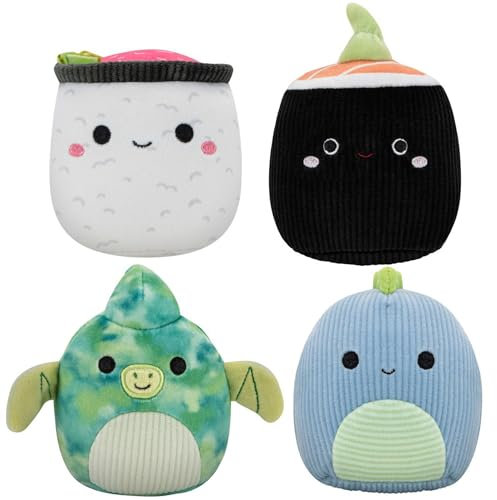 Squishmallows Original 8,9 cm Dinosaurier und Sushi Hundespielzeug 4er-Pack – kleines, ultraweiches offizielles Plüsch-Haustierspielzeug – Amazon Exclusive