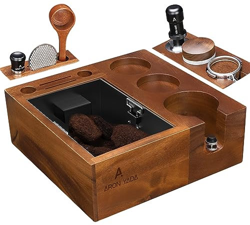 Espresso Knock Box - Estación de apisonamiento: caja organizadora de café de 54 mm, apta para almacenamiento de espresso de 51 mm a 54 mm, portafiltro y accesorios de pantalla de disco, base de nogal
