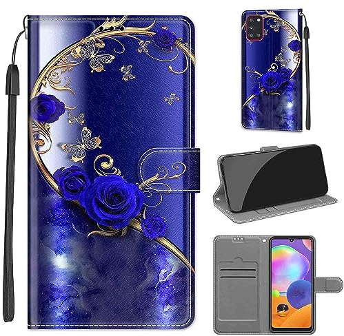 Handyhülle für Samsung Galaxy A31 Hülle, Blaue Rose | Standfunktion, Kartenfach, Magnetisch, Stoßfeste Schutzhülle, Flip Leder, Klapphülle