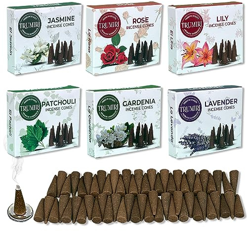 Trumiri Floral Incense Cones - Variety Pack - Total 60 Cone Incense (6 Scents x 10 Conos) - Rose, Lavender, Jasmin, Patchouli, Gardenia, Lily - Cone Incense Scents - Insense Cones - Incent Cone