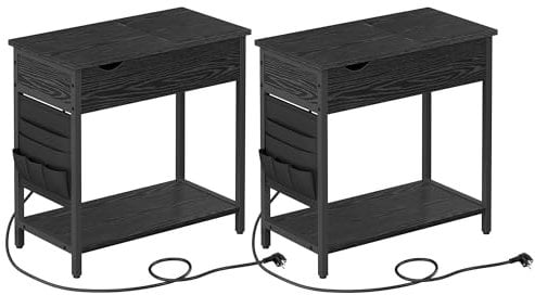 VASAGLE Beistelltisch, 2er Set, Nachttisch mit Steckdose, schmal, mit USB-Anschlüssen, Tasche, für Wohnzimmer, Schlafzimmer, schwarz mit Holzmaserung LCT647B56